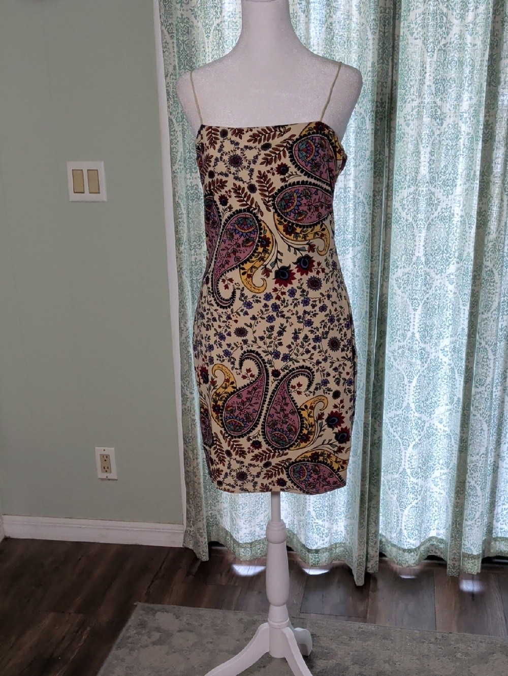 Fashion Nova Cream Paisley Slip Mini Dress with Pink & Yellow Accents